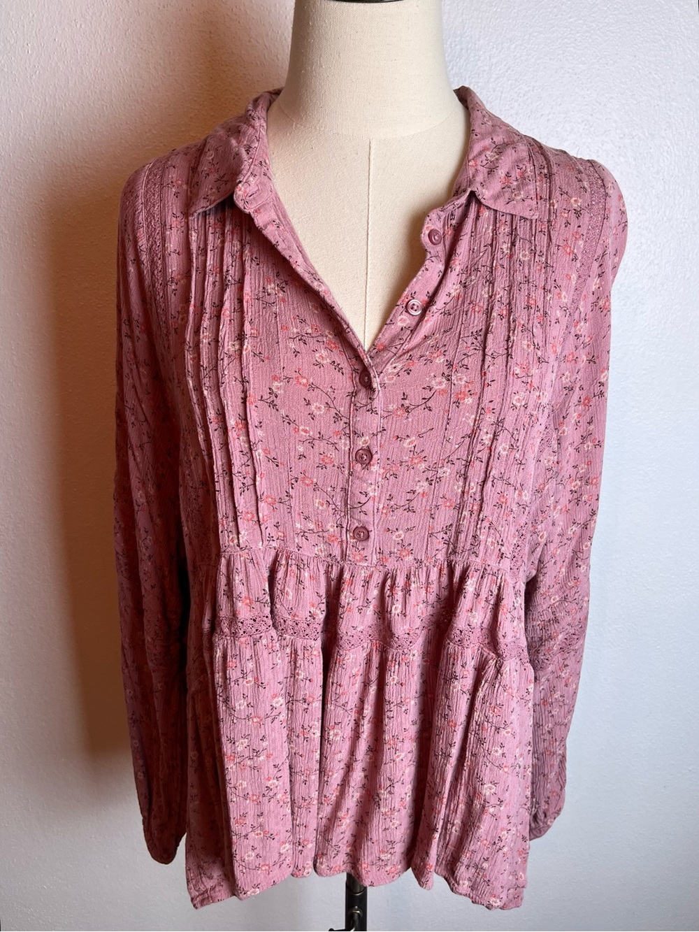 Lucky Brand Dusty Rose Floral Button-Front Peasant Dress Shirt Blouse